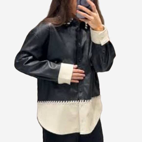 H&M Black and White Leather Jacket with Studded Collar - Picture 8 of 11